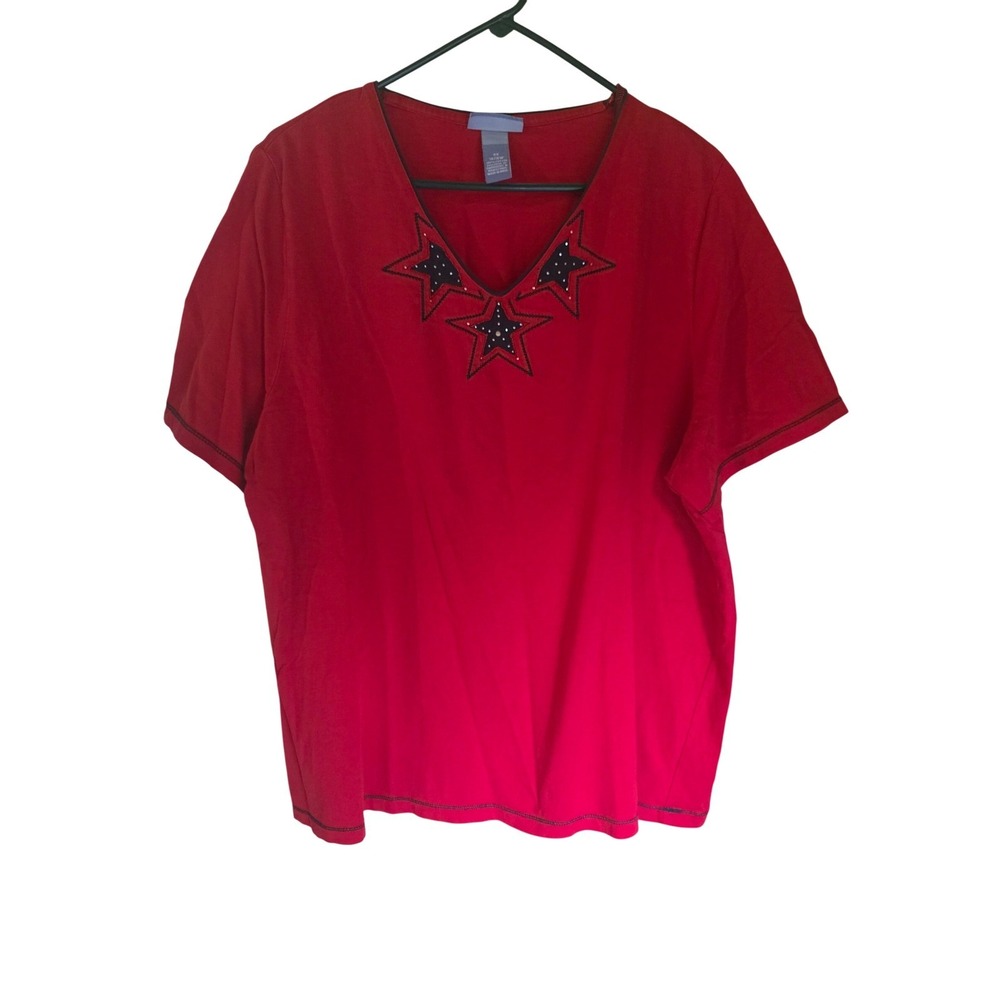 Liz & Me Womens Red Star Rhinestone‎ V-Neck T-Shirt 0X 14/16W 4th July Patriotic